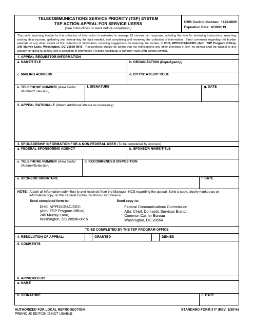 GSA Form 317 Telecommunications Service Priority (Tsp) System Tsp Action Appeal for Service Users