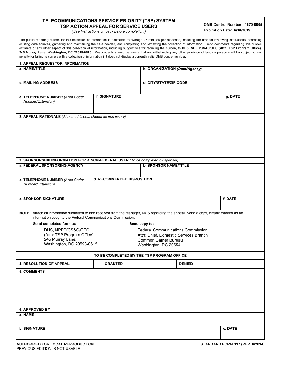 GSA Form 317 Telecommunications Service Priority (Tsp) System Tsp Action Appeal for Service Users, Page 1