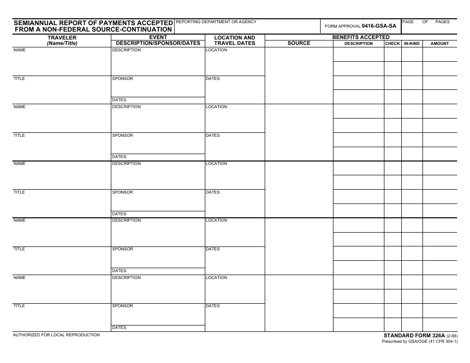 Form SF-326A Semiannual Report of Payments Accepted From a Non-federal Source - Continuation, Page 1