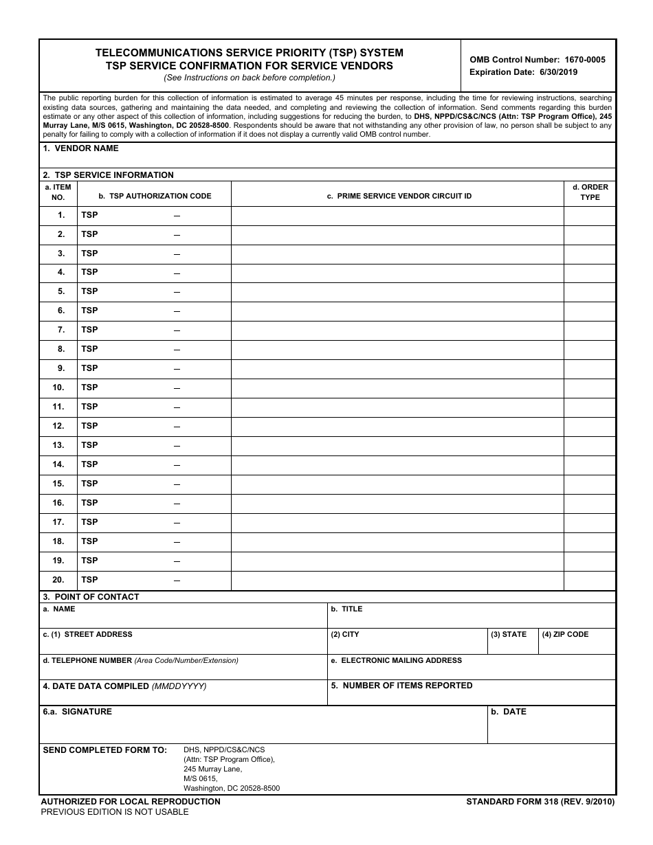 Form SF-318 Telecommunications Service Priority (Tsp) System Tsp Service Confirmation for Service Vendors, Page 1
