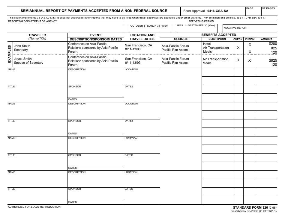 Form SF-326 Semiannual Report of Payments Accepted From a Non-federal Source, Page 1