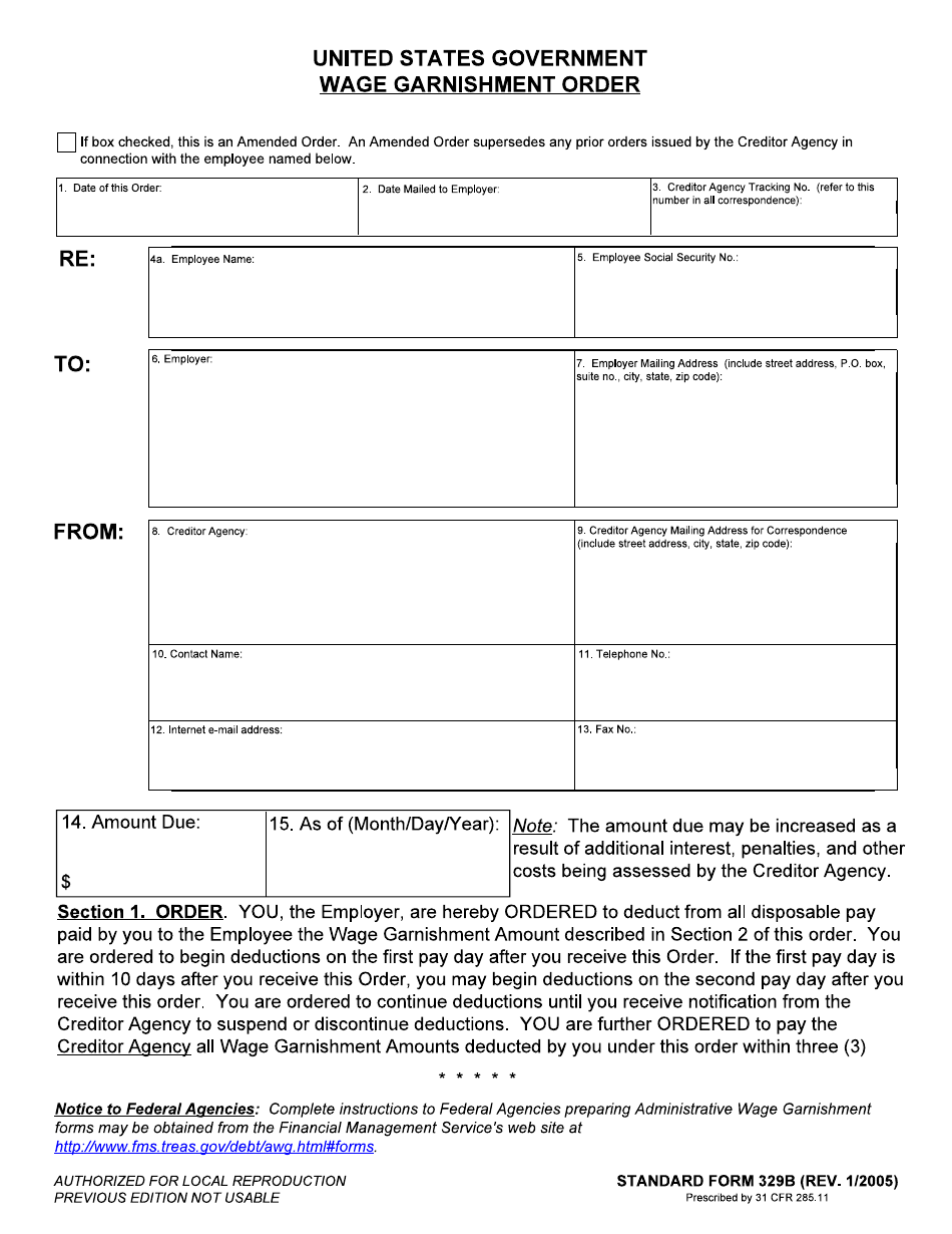 Form SF-329B Wage Garnishment Order, Page 1