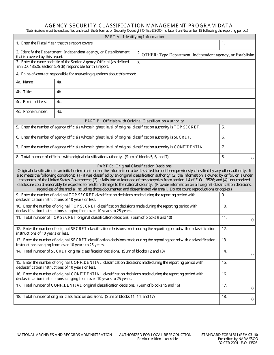Form SF-311 Agency Security Classification Management Program Data, Page 1