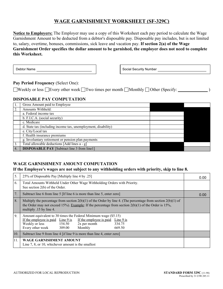 Form SF-329C Wage Garnishment Worksheet, Page 1