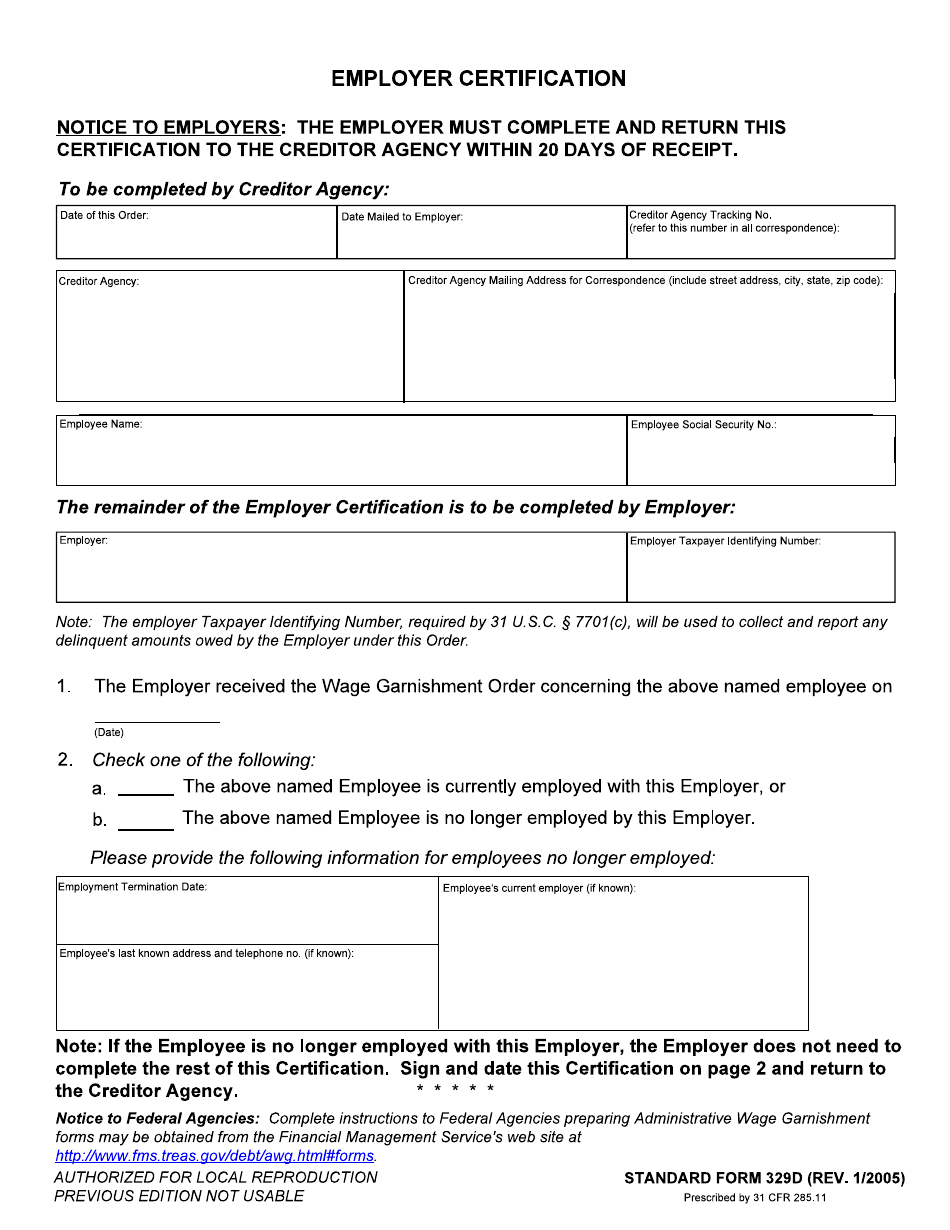 Form SF-329D Employer Certification, Page 1