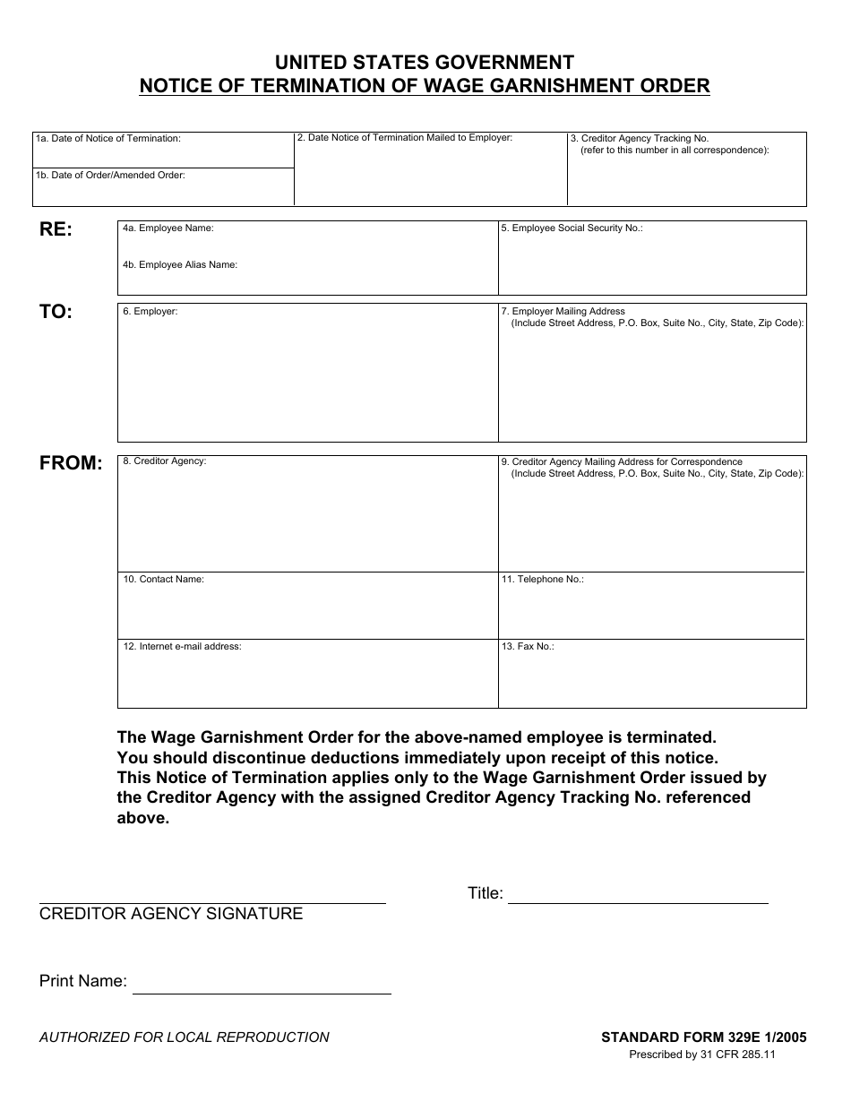 Form SF-329E Notice of Termination of Wage Garnishment Order, Page 1
