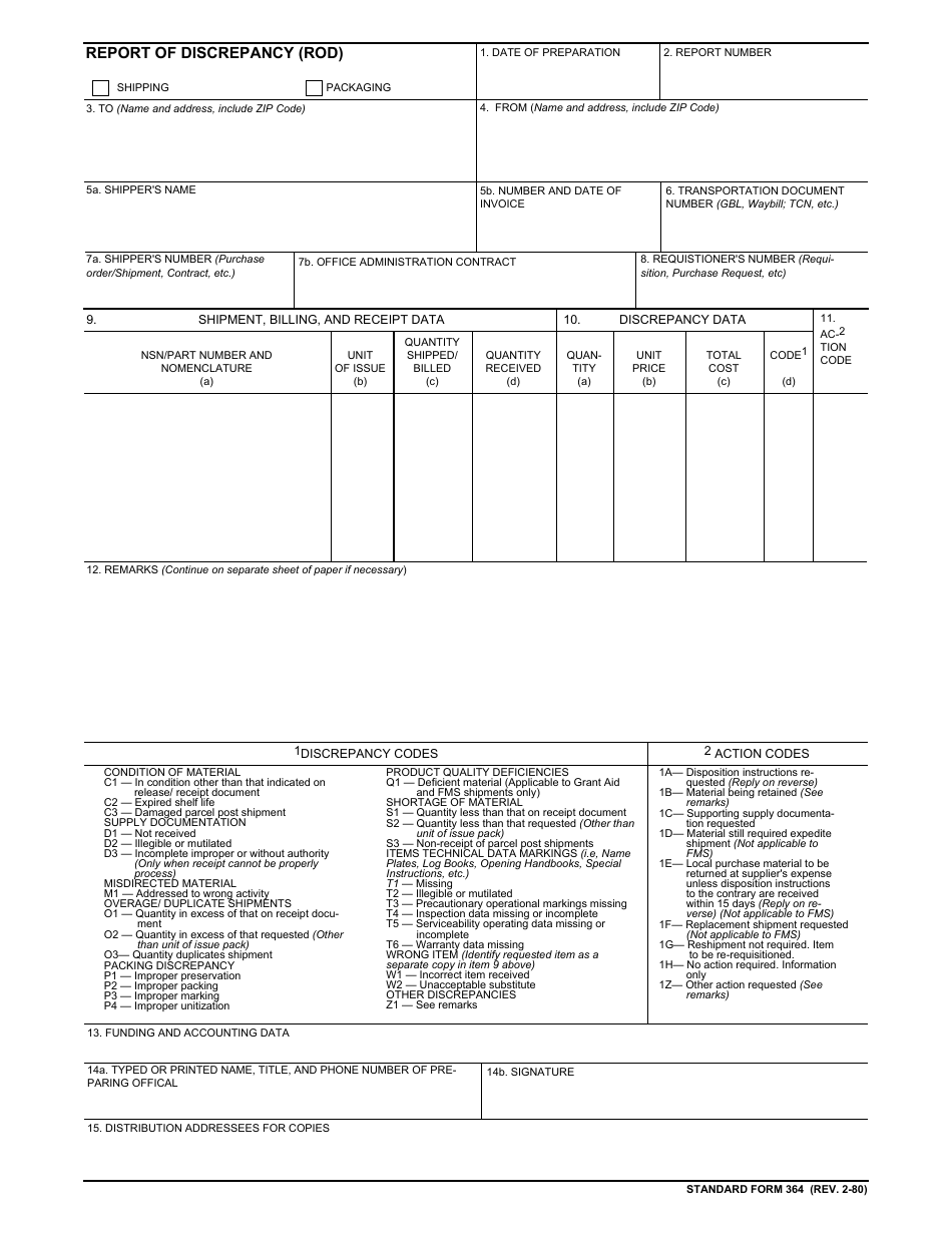 Form SF-364 Report of Discrepancy (Rod), Page 1