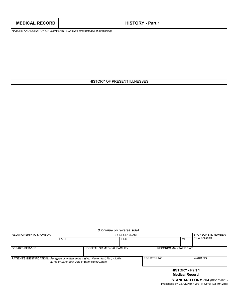 Form SF-504 Medical Record - History - Part 1, Page 1