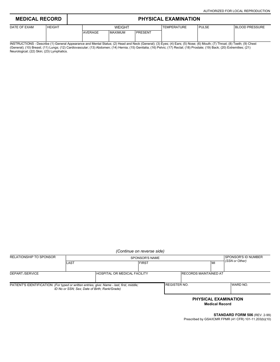 Form SF-506 Medical Record - Physical Examination, Page 1