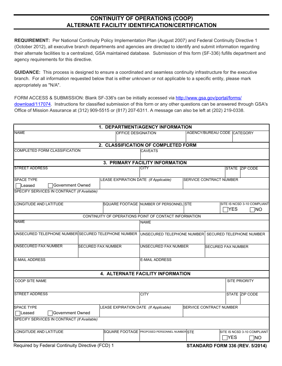 Form SF-336 Continuity of Operations (Coop) Alternate Facility Identification / Certification, Page 1