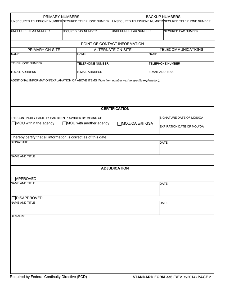 Form SF-336 Continuity of Operations (Coop) Alternate Facility Identification / Certification, Page 2