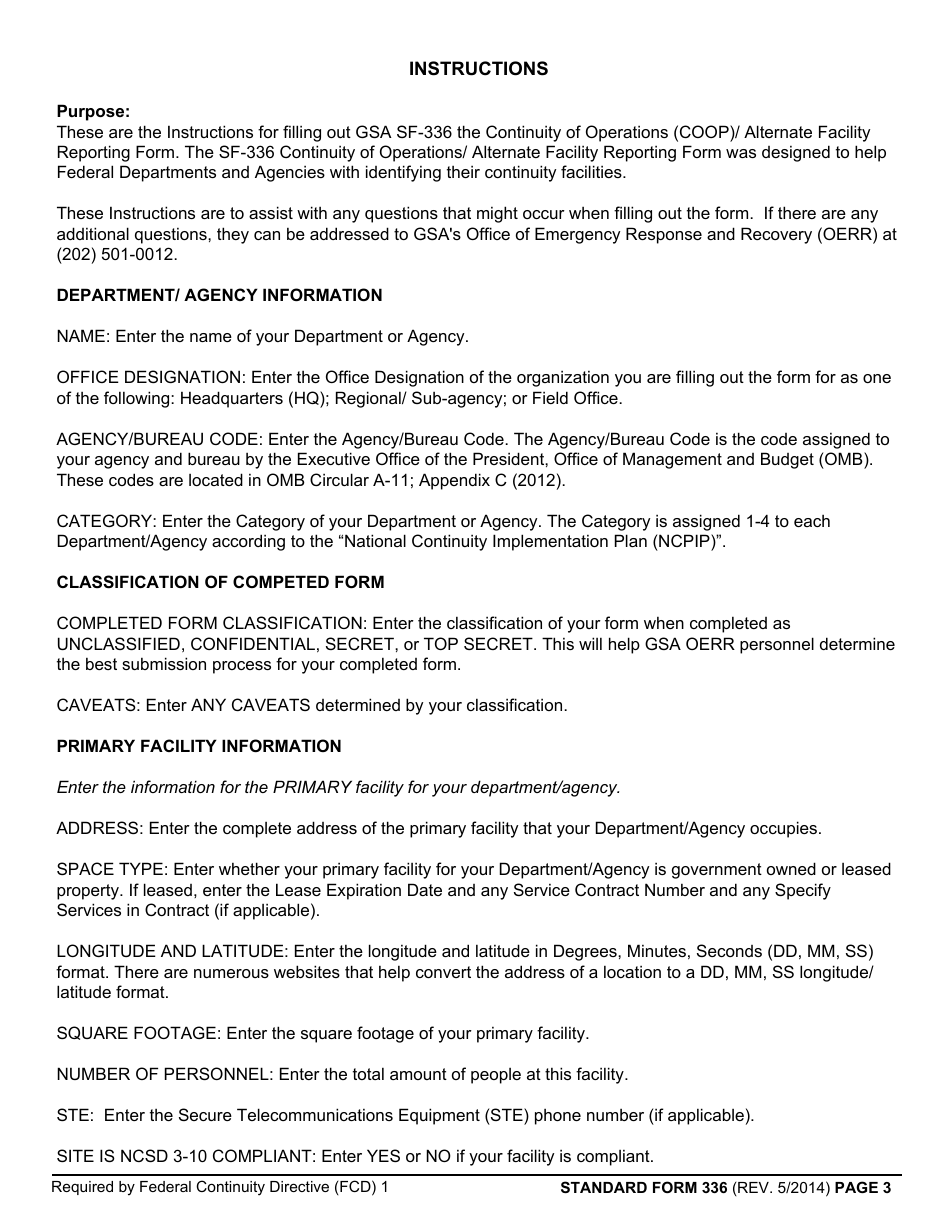 Form SF-336 Continuity of Operations (Coop) Alternate Facility Identification / Certification, Page 3