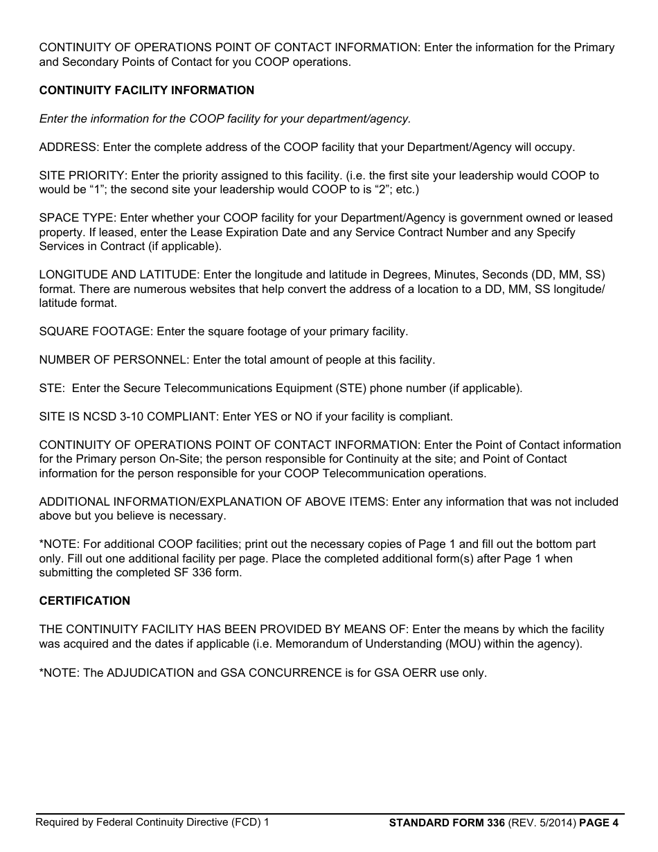 Form SF-336 Continuity of Operations (Coop) Alternate Facility Identification / Certification, Page 4