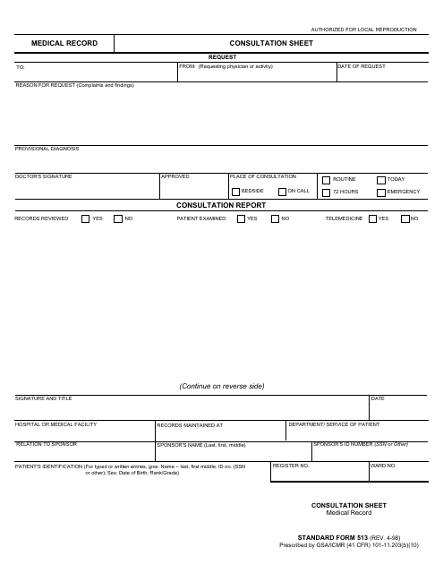 Form SF-513 Medical Record - Consultation Sheet