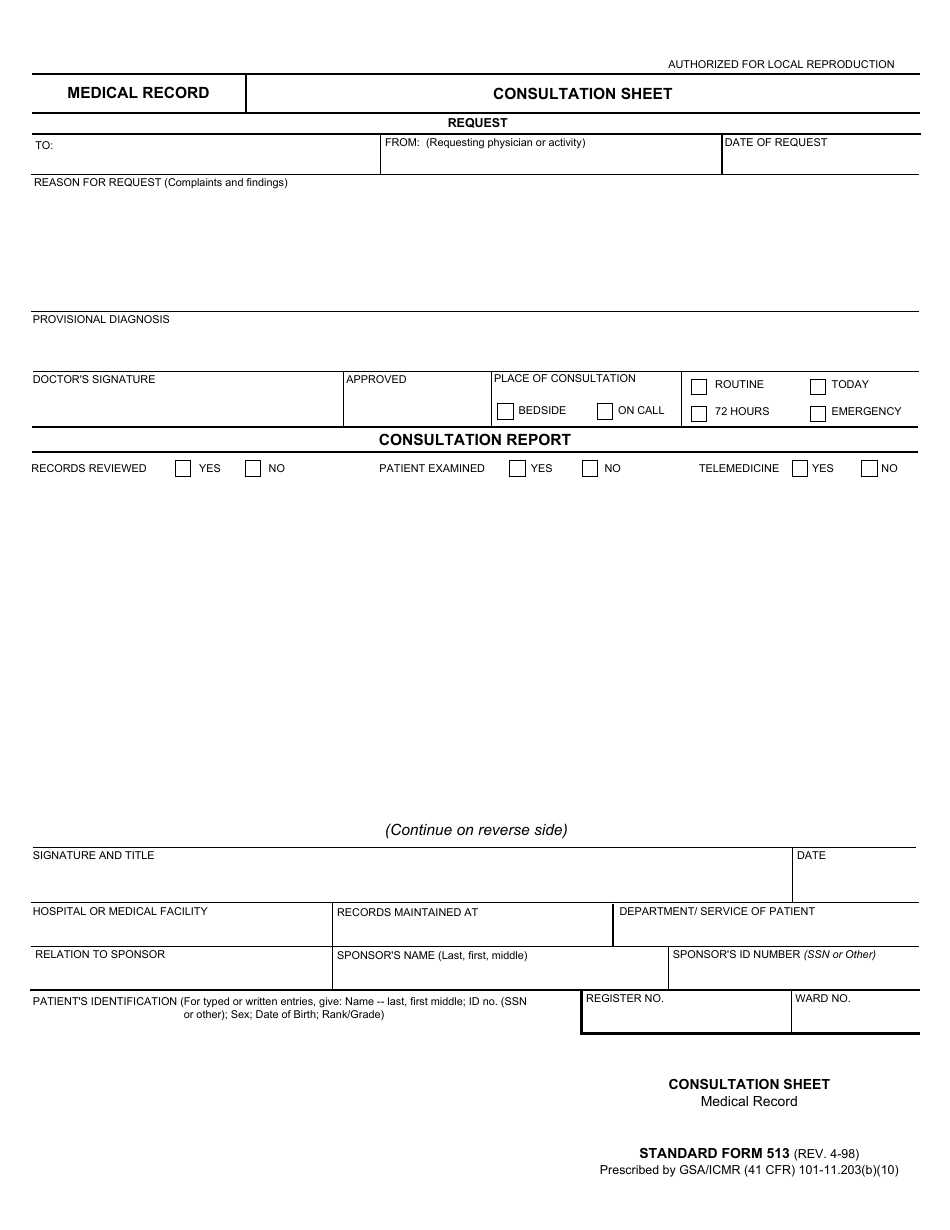 Form SF-513 Medical Record - Consultation Sheet, Page 1