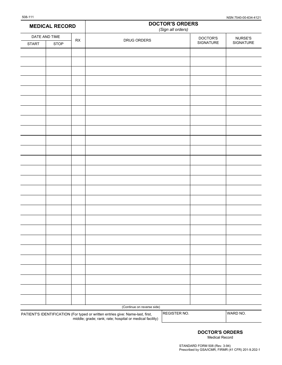 Form SF-508 Doctors Orders, Page 1