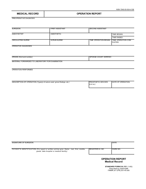 Form SF-516 Medical Record - Operation Report