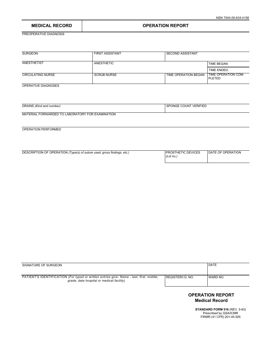 Form SF-516 Medical Record - Operation Report, Page 1