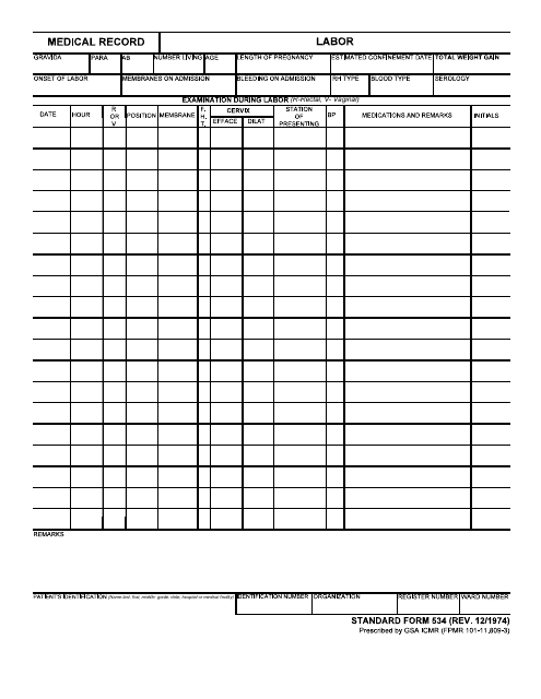 Form SF-534 Medical Record - Labor