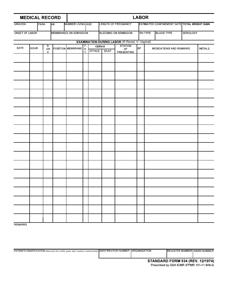 Form SF-534 Medical Record - Labor, Page 1