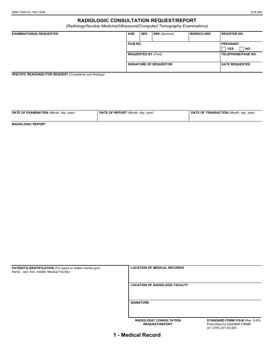 Form SF-519-B Radiologic Consultation Request / Report - Radiology / Nuclear Medicine / Ultrasound / Computed Tomography Examinations, Page 1