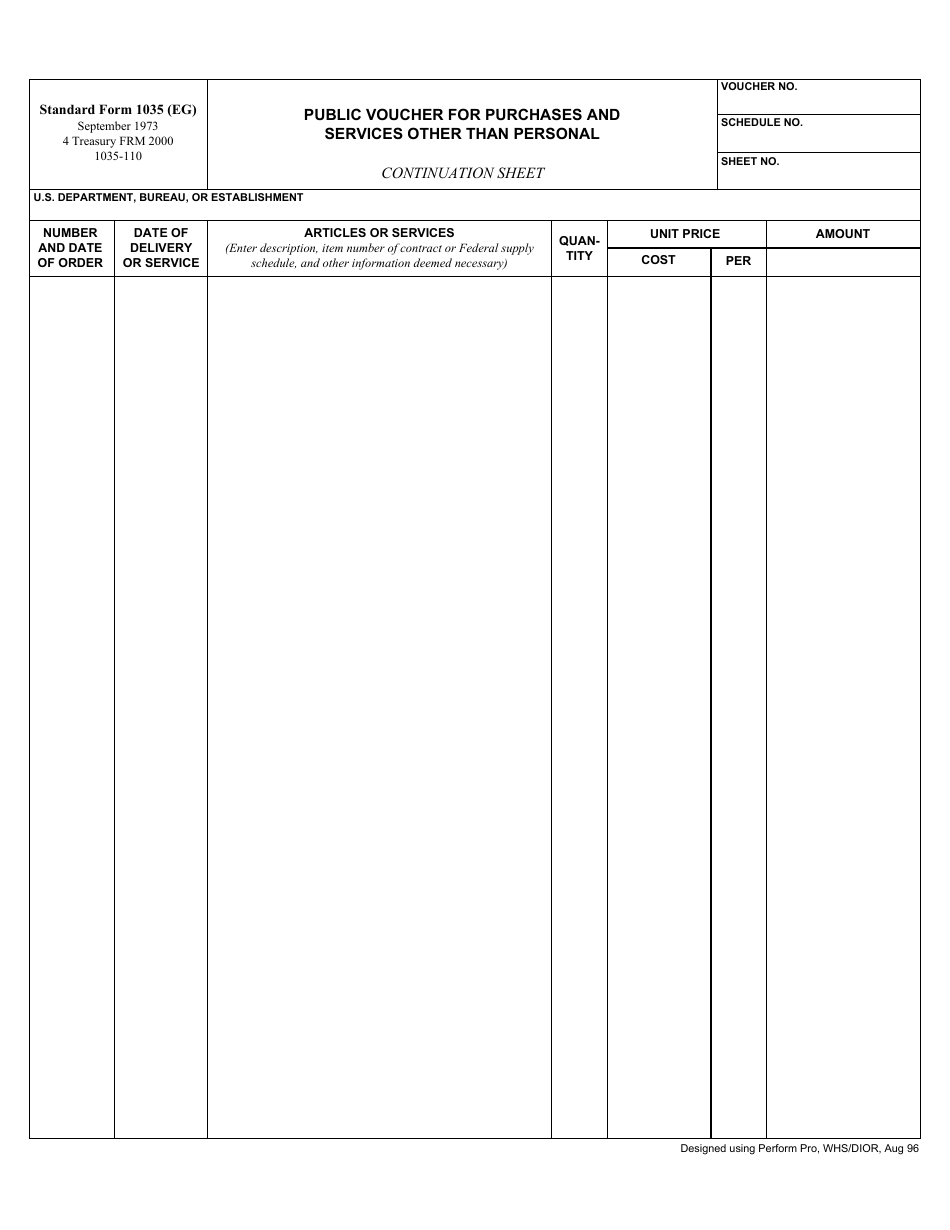 Form SF-1035 Public Voucher for Purchases and Services Other Than Personal (Continuation Sheet), Page 1