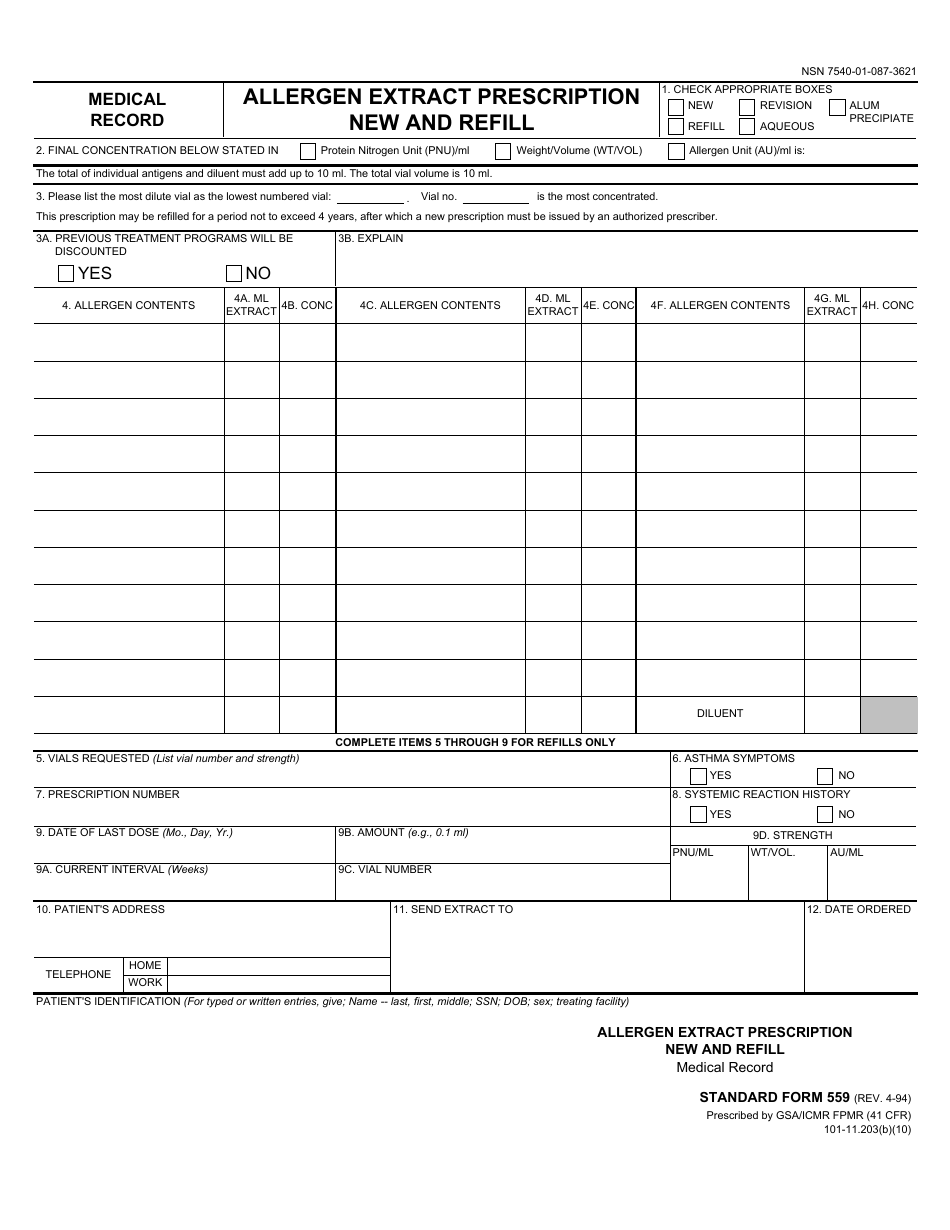 Form SF-559 Medical Record - Allergen Extract Prescription - New and Refill, Page 1