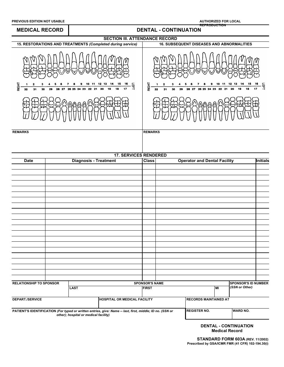 Form SF-603A Medical Record - Dental - Continuation, Page 1