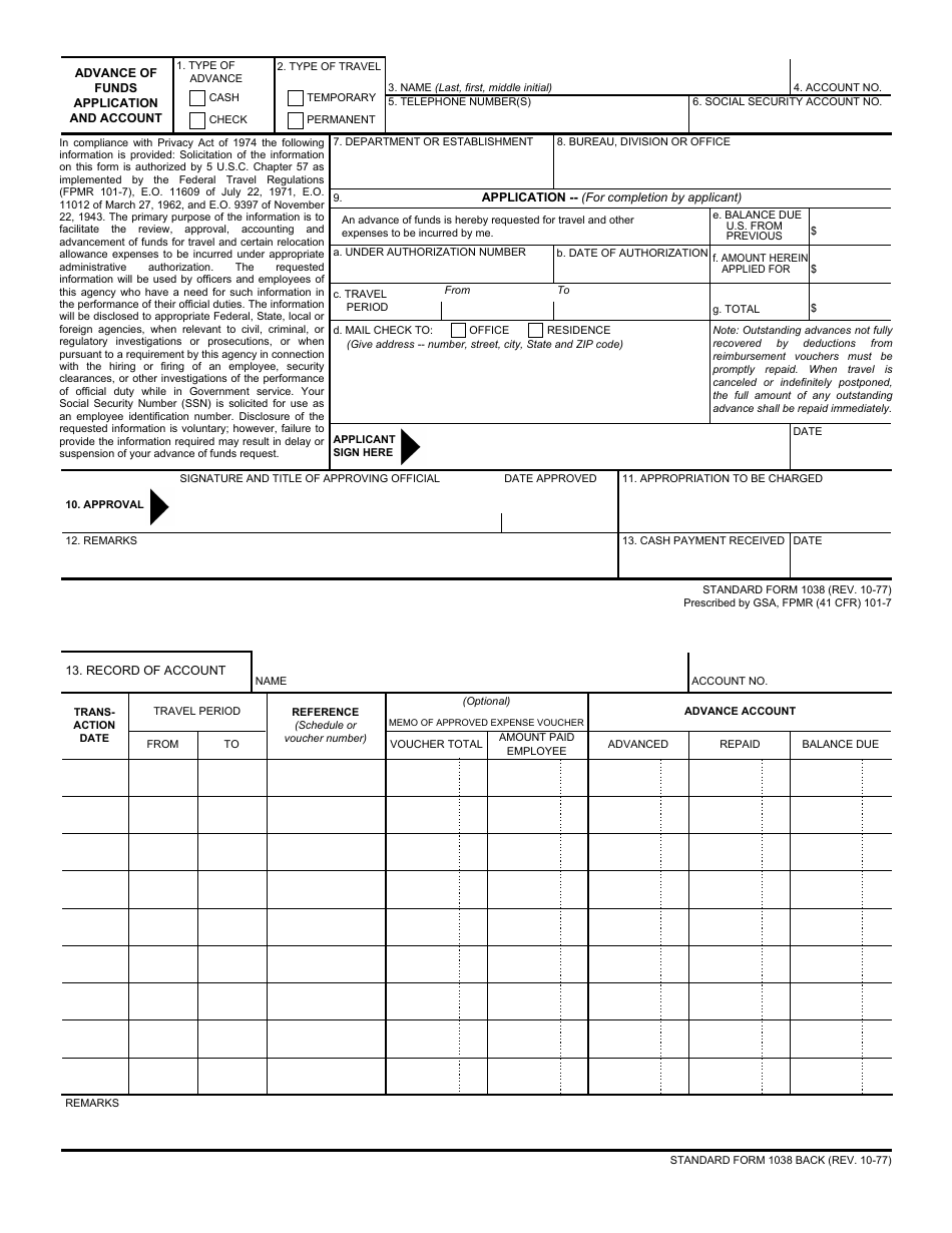Form SF-1038 Advance of Funds Application and Account, Page 1
