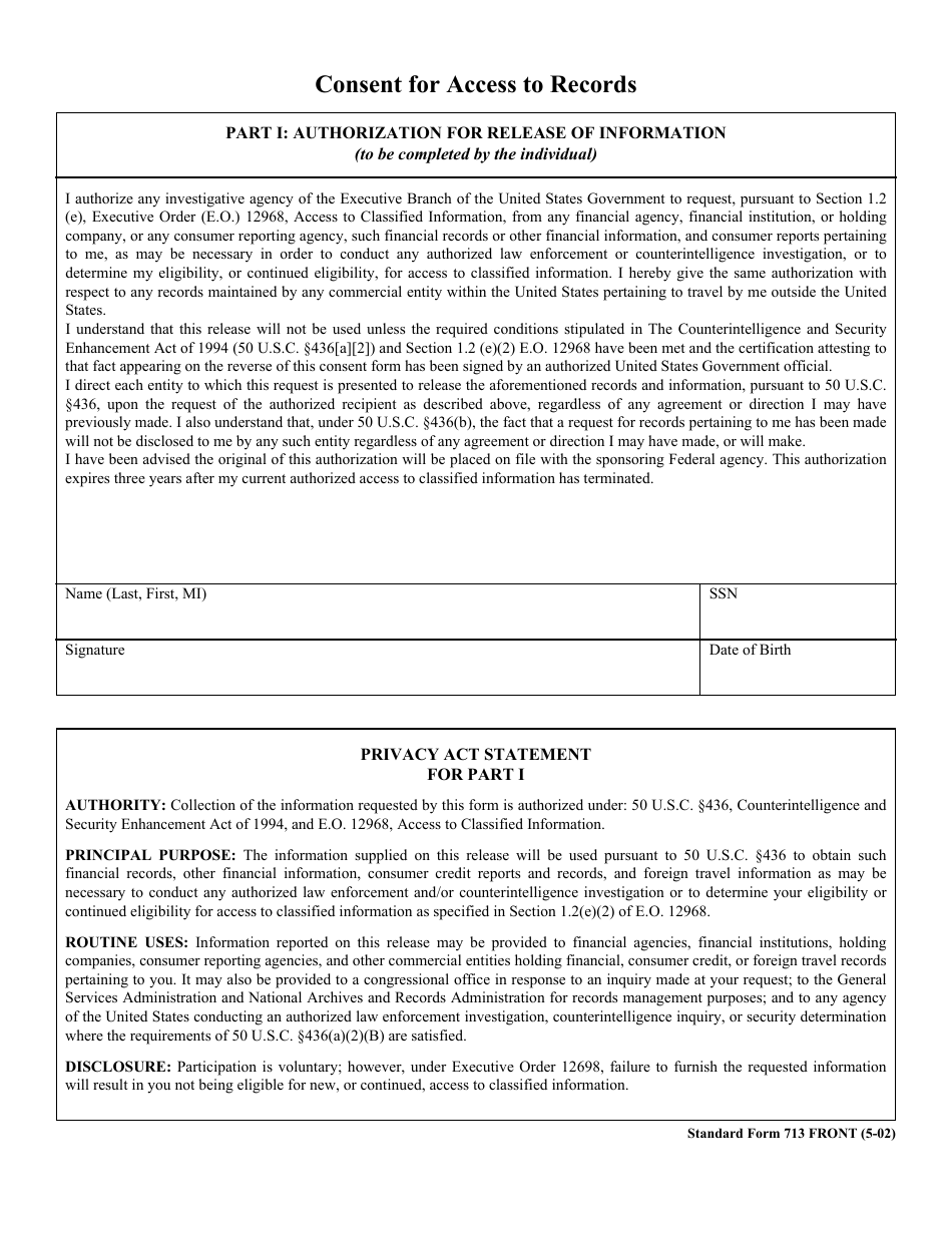 Form SF-713 Consent for Access to Records, Page 1