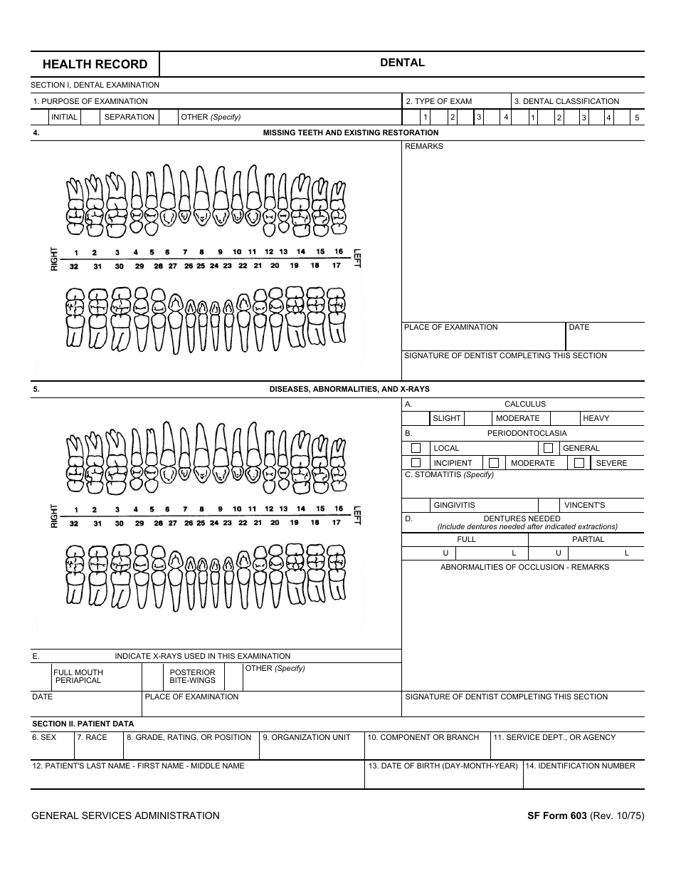 Form SF-603 Health Record - Dental, Page 1