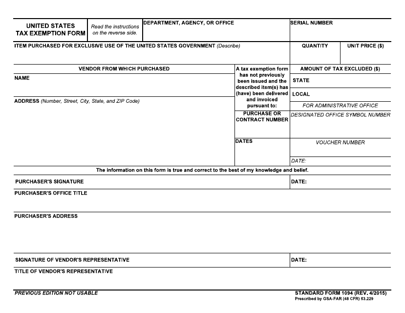 Form SF-1094 United States Tax Exemption Form