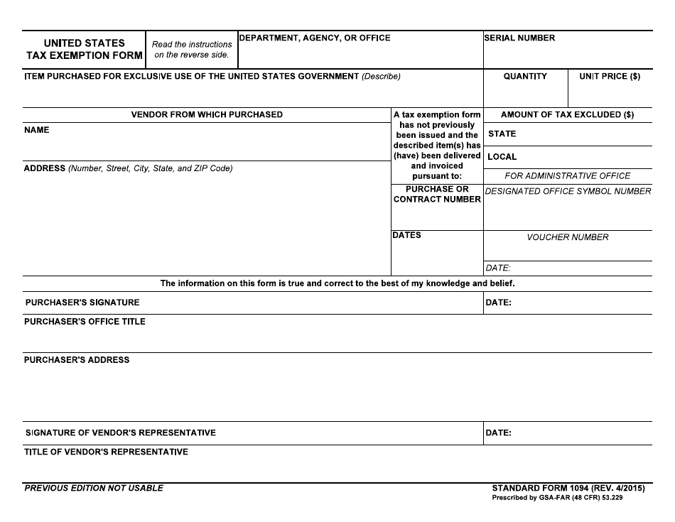 Form SF-1094 United States Tax Exemption Form, Page 1