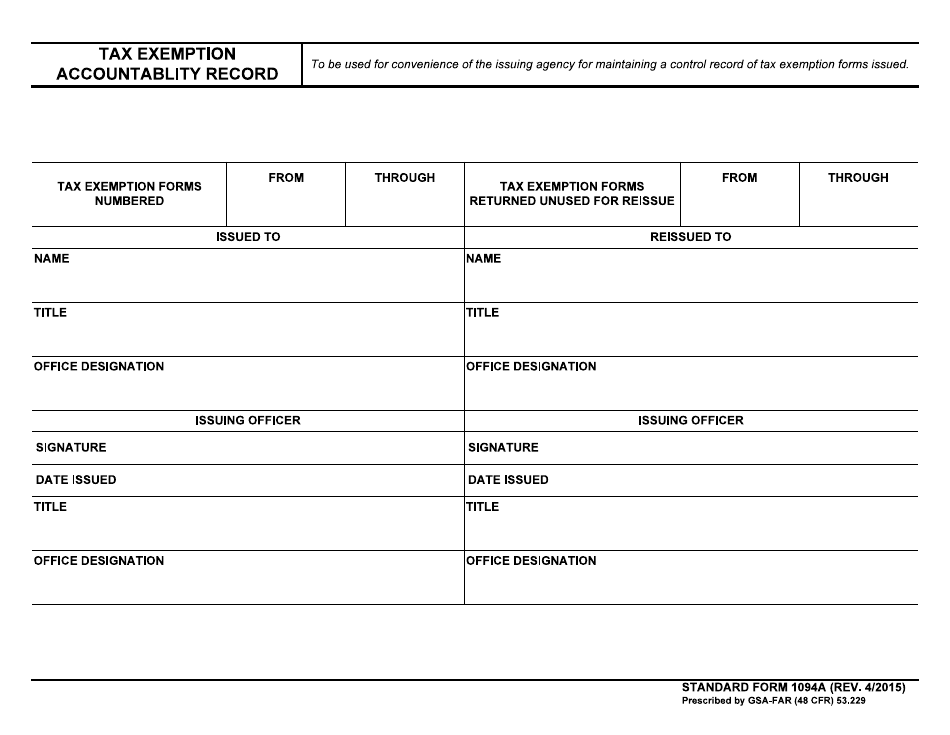 Form SF-1094A Tax Exemption Accountablity Record, Page 1