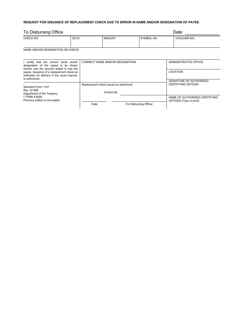 Form SF-1147 Request for Issuance of Replacement Check Due to Error in Name and / or Designation of Payee, Page 1