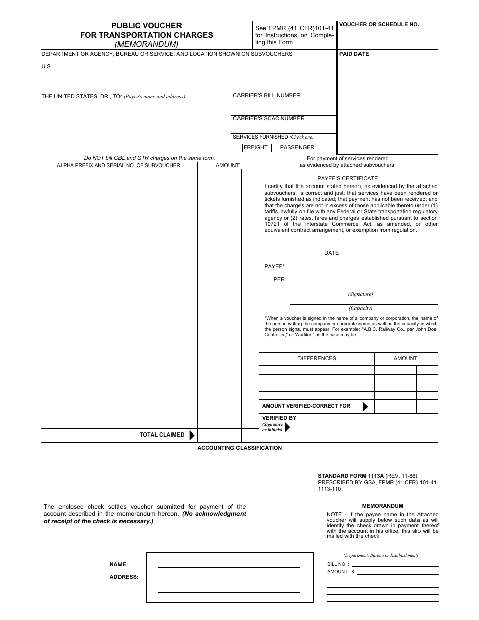 Form SF-1113A Public Voucher for Transportation Charges - Memorandum, Page 1