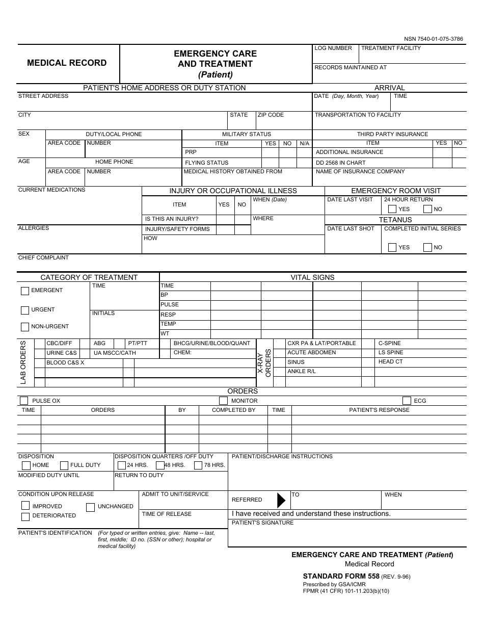 Form SF-558 Medical Record - Emergency Care and Treatment, Page 1