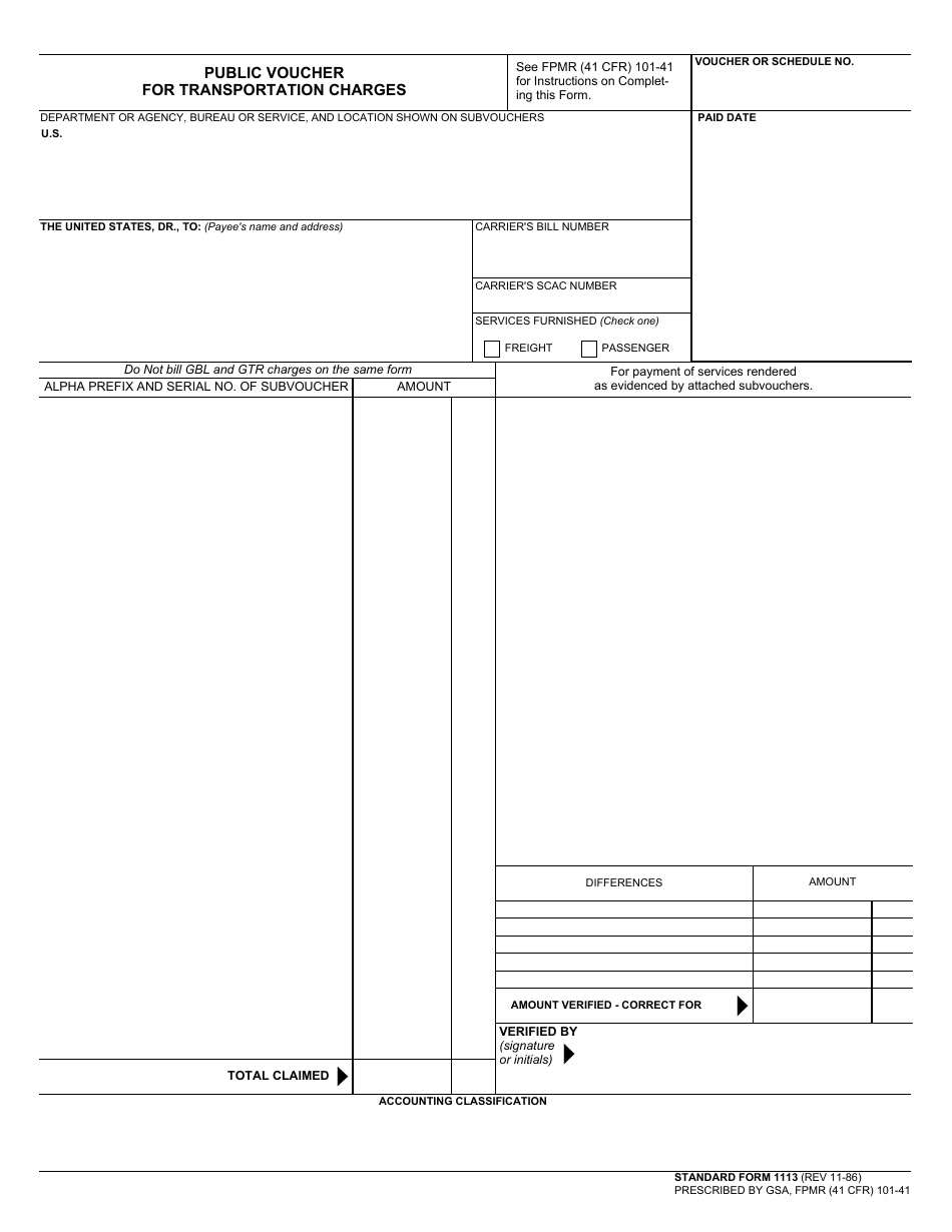 Form SF-1113 Public Voucher for Transportation Charges, Page 1