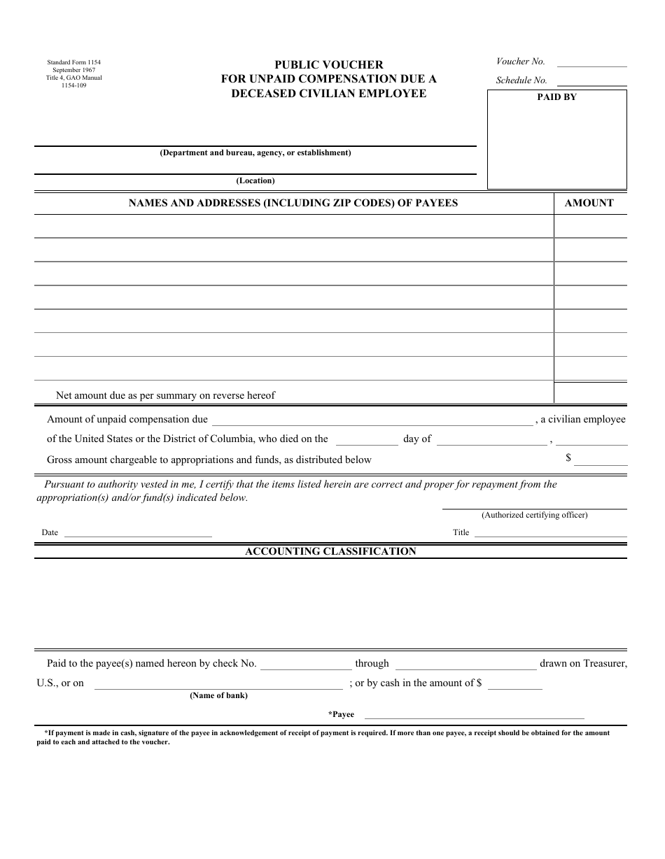 Form SF-1154 Public Voucher for Unpaid Compensation Due a Deceased Civilian Employee, Page 1