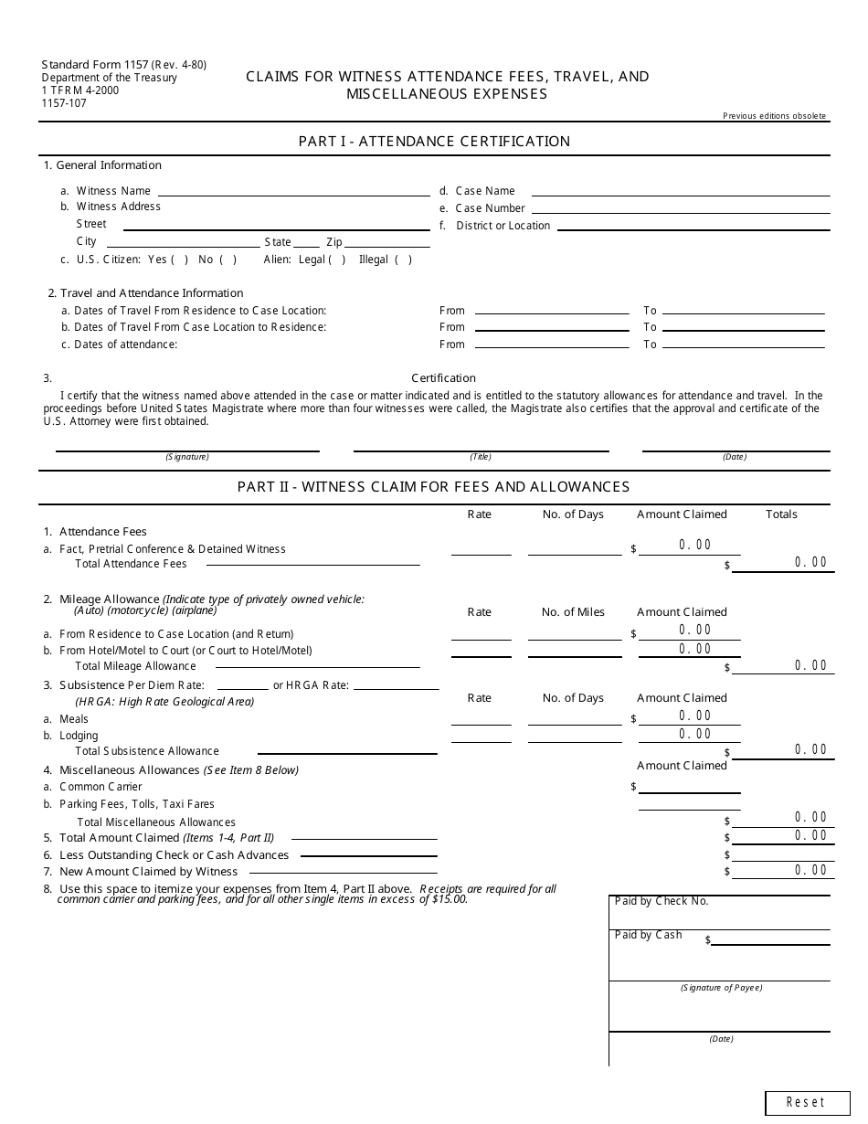 Form SF-1157 Claims for Witness Attendance Fees, Travel, and Miscellaneous Expenses, Page 1