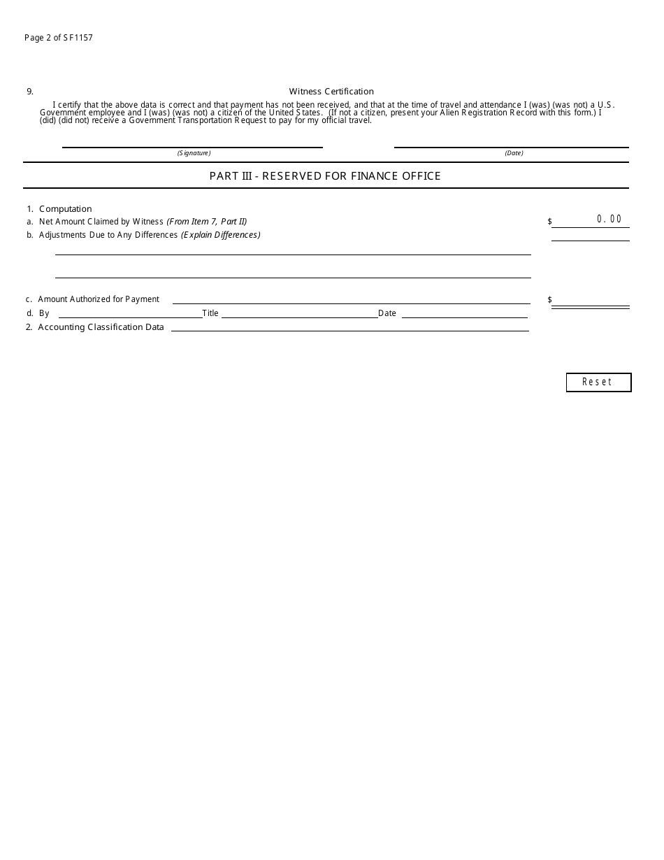 Form SF-1157 Claims for Witness Attendance Fees, Travel, and Miscellaneous Expenses, Page 2