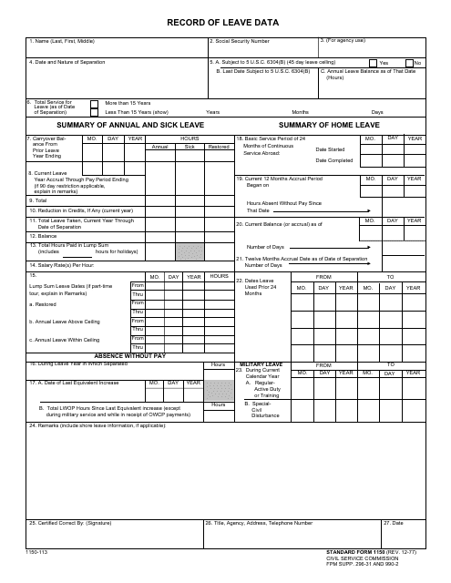 Form SF 1150 Download Fillable PDF Or Fill Online Record Of Leave Data