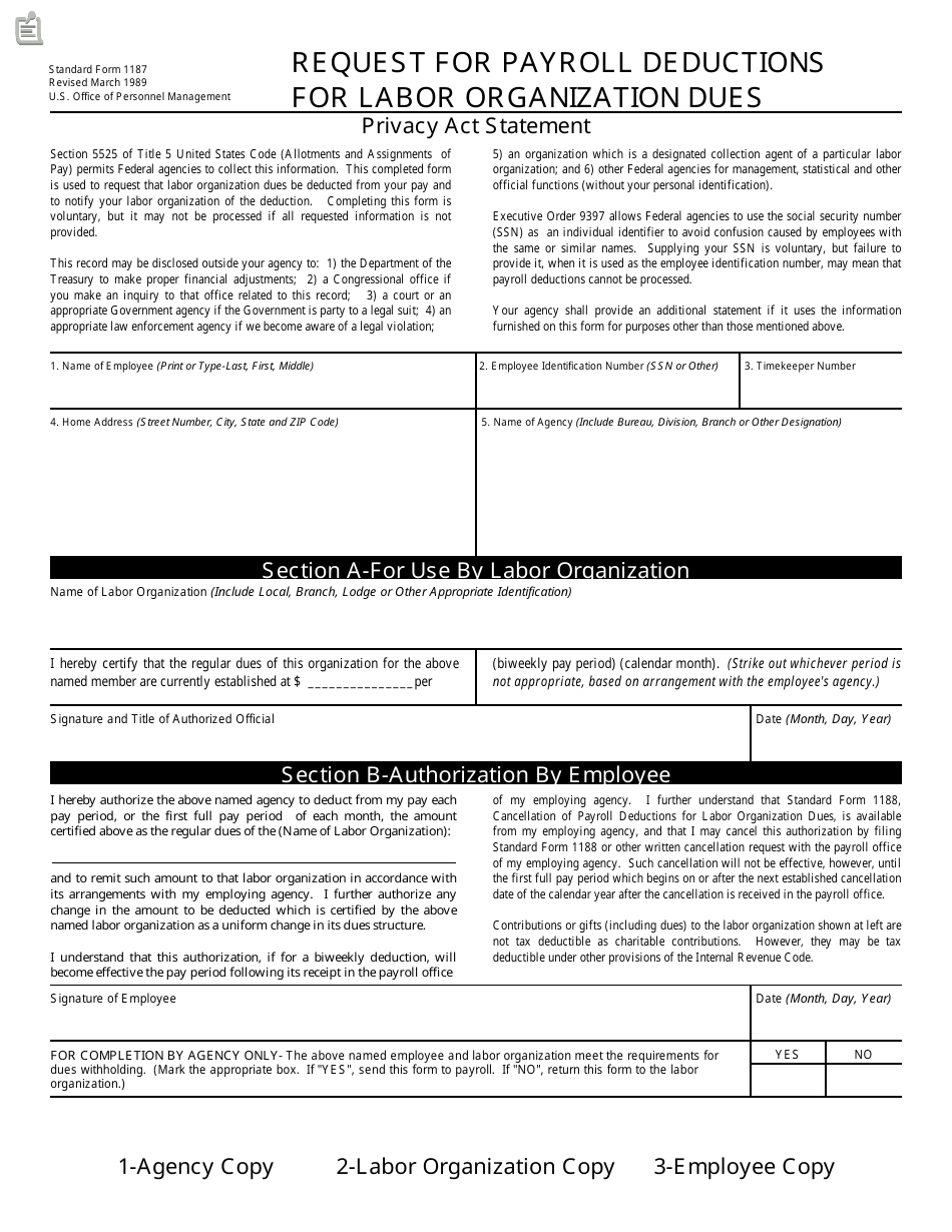 Form SF-1187 Request for Payroll Deductions for Labor Organization Dues, Page 1