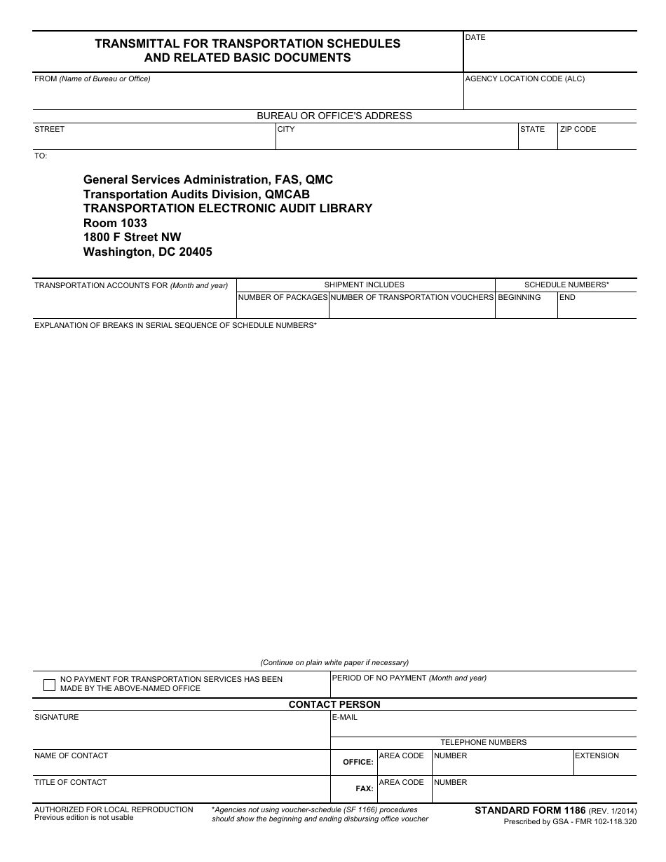 Form SF-1186 Transmittal for Transportation Schedules and Related Basic Documents, Page 1