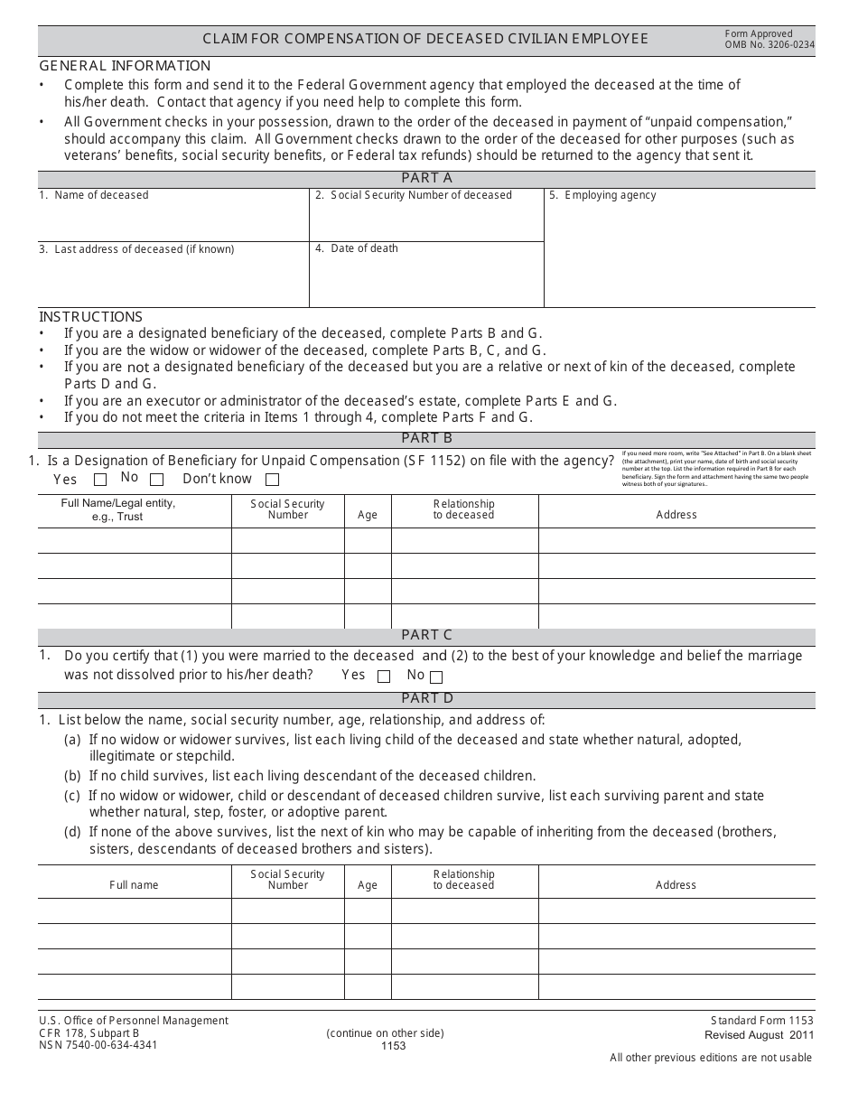 OPM Form SF-1153 Claim for Compensation of Deceased Civilian Employee, Page 1