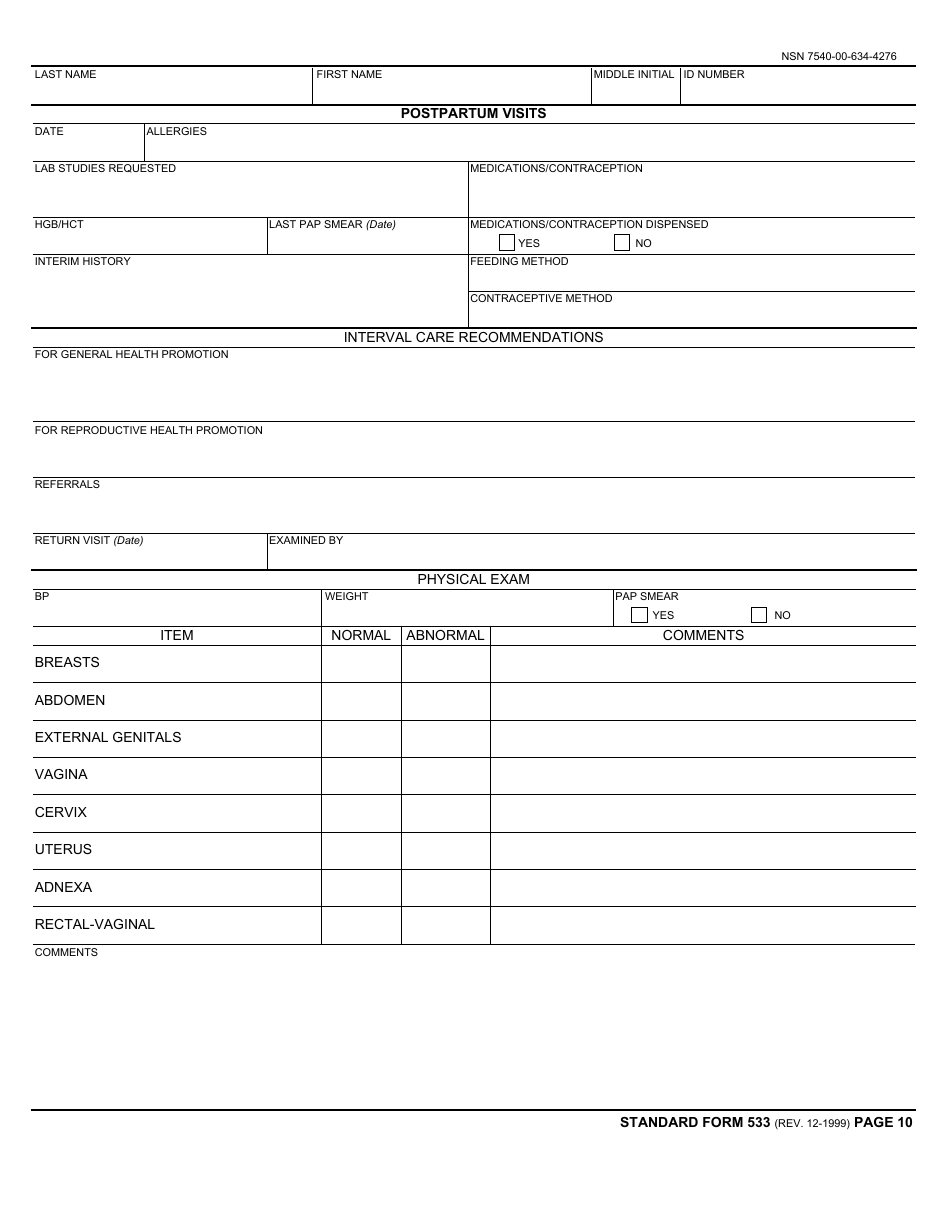 Form SF-533 Medical Record - Prenatal and Pregnancy, Page 10