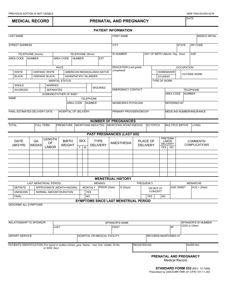 Form SF-533 Medical Record - Prenatal and Pregnancy, Page 1