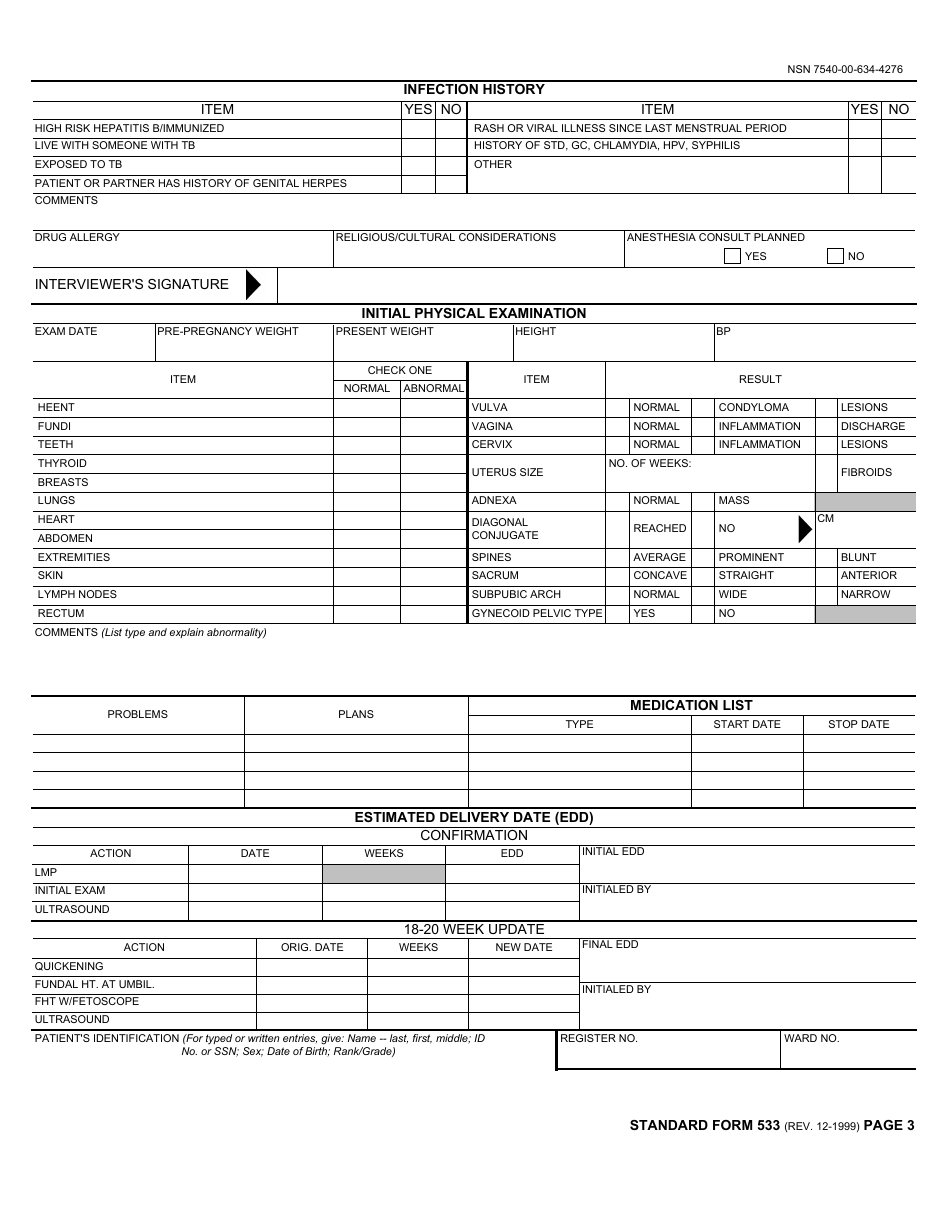 Form SF-533 Medical Record - Prenatal and Pregnancy, Page 3