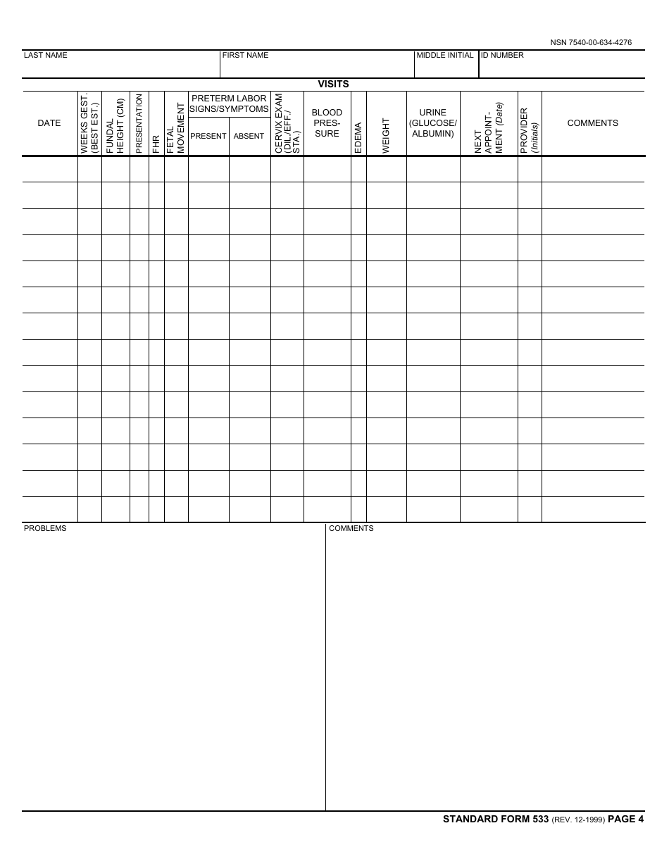 Form SF-533 Medical Record - Prenatal and Pregnancy, Page 4