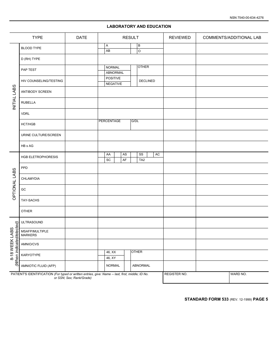 Form SF-533 Medical Record - Prenatal and Pregnancy, Page 5